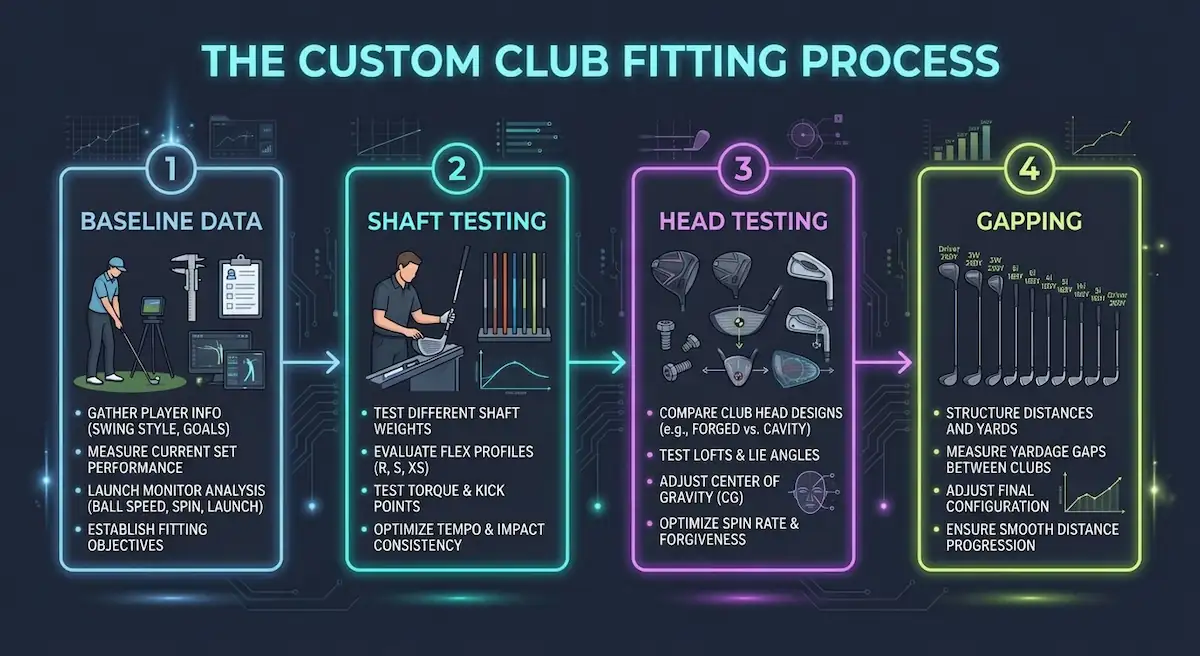 Four-step custom golf club fitting process flowchart