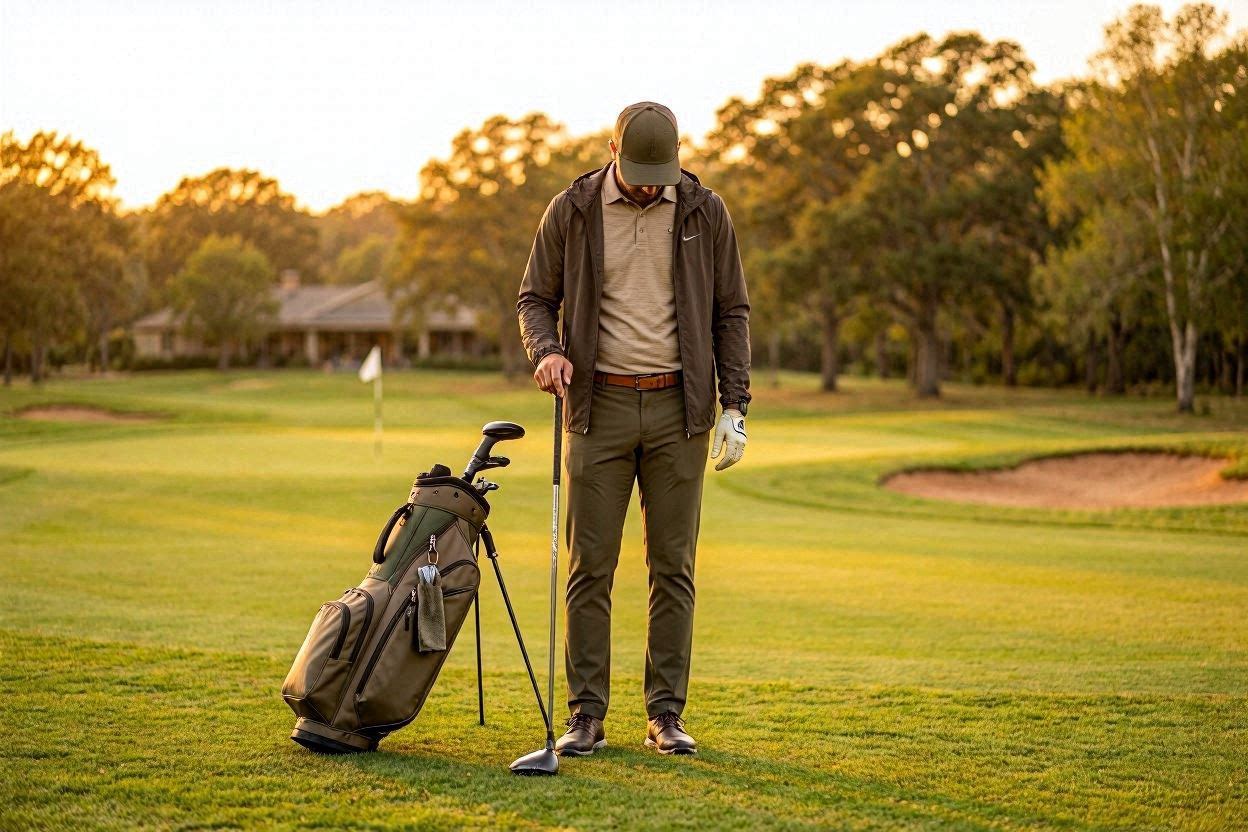 Golfer on fairway in modern earth-tone golf apparel at golden hour