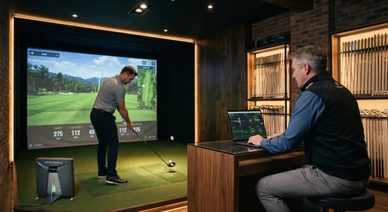 Modern indoor golf club fitting bay with a launch monitor