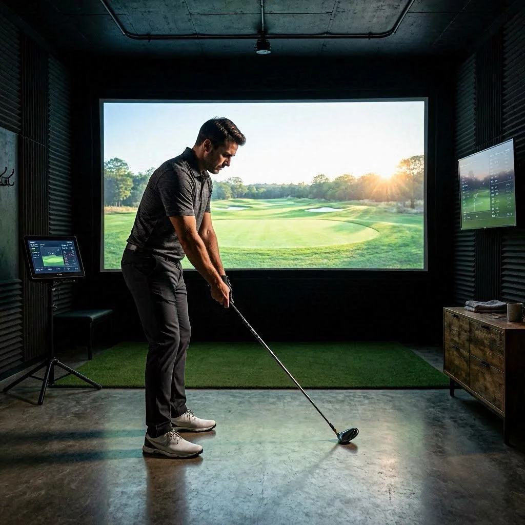 Home golf simulator setup in a garage