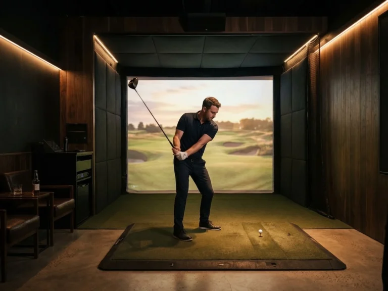 Golfer in stance at a dimly lit commercial golf simulator bay with a tee mat and projected fairway on the impact screen.