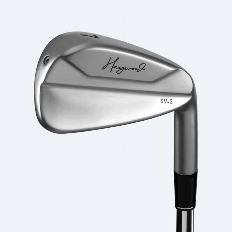 Haywood SV.2 iron, satin clubhead viewed from the front with the Haywood script logo.