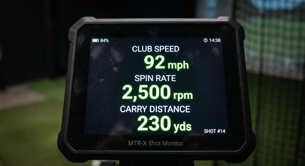 Launch monitor screen showing club speed, spin rate and carry distance