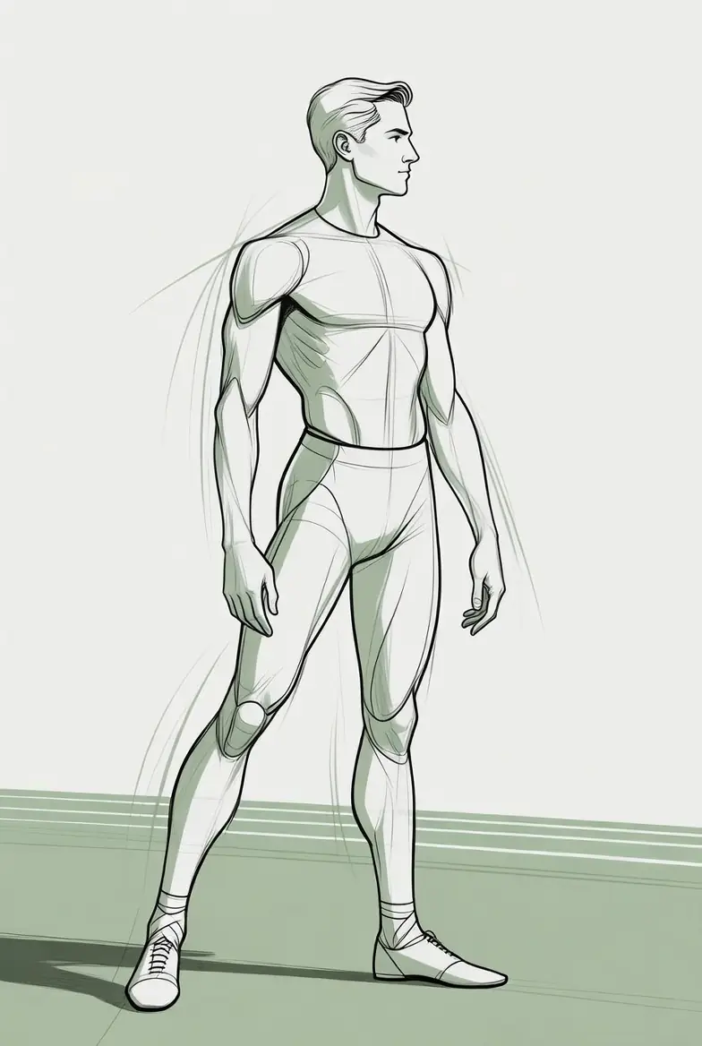 Line sketch of an athlete in tall, aligned ballet-inspired posture