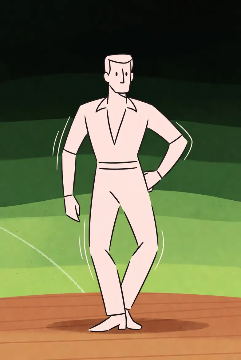 Retro-style illustration of a ballroom dancer holding a balanced, centered pose