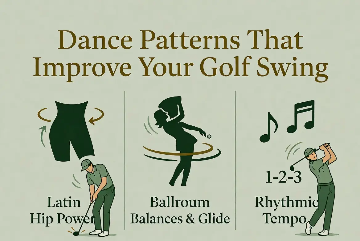 Infographic showing three dance patterns that improve the golf swing: Latin hip power, ballroom balance and glide, and rhythmic tempo