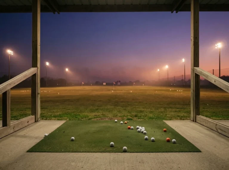 Empty driving range bay with turf mat and range balls at dusk.