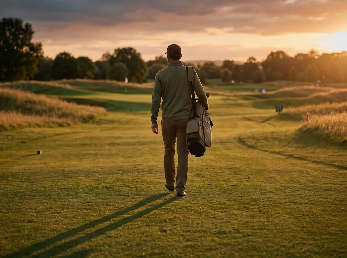Golfer in earth-tone apparel walking a fairway in golden-hour light.