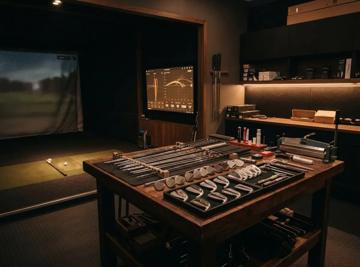 Golf club fitting bay with iron shafts and a launch monitor screen