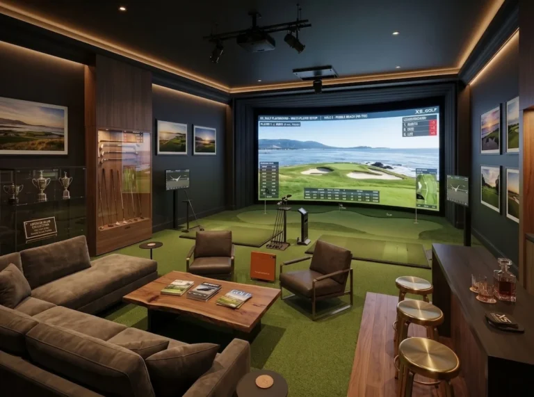 Home golf simulator room set up as a family home cinema with impact screen and seating.