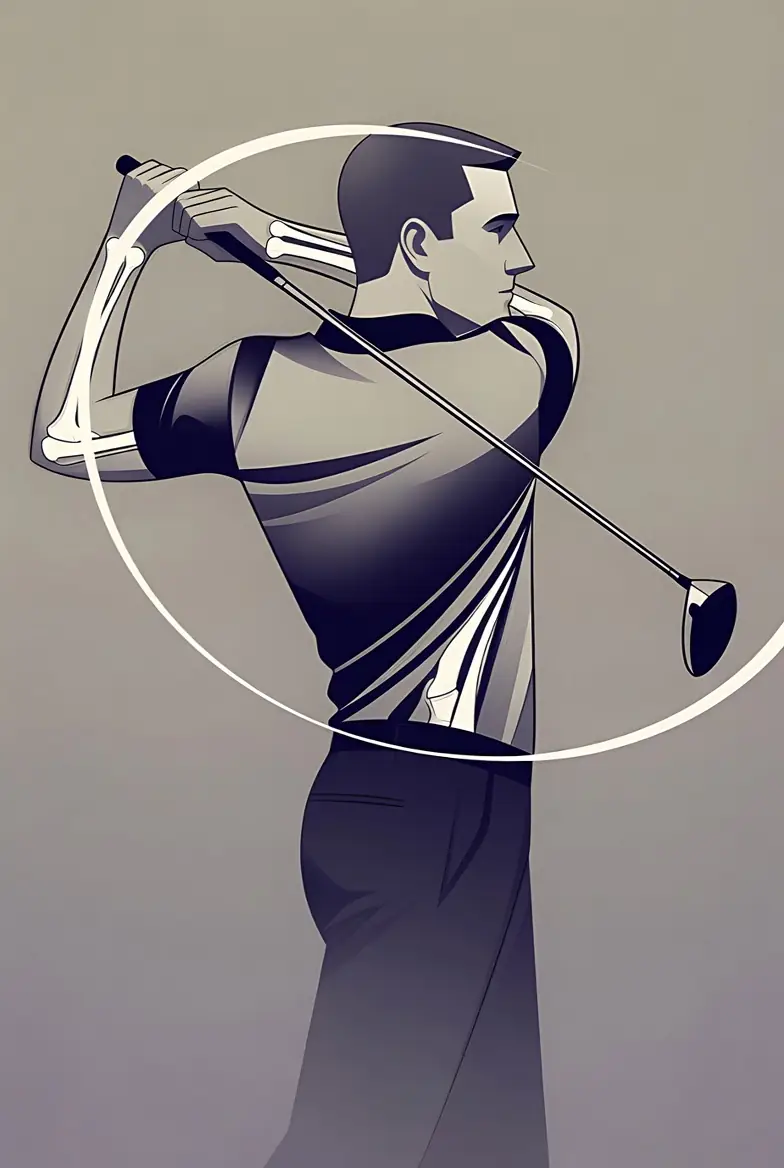 Illustration of a golfer's swing arc emphasizing arms staying connected to the rotating torso