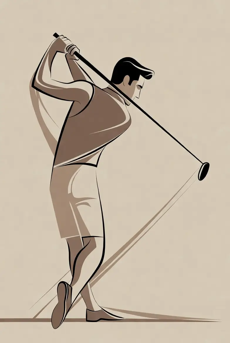 Stylized illustration of a golfer at the top of the backswing, emphasizing smooth swing tempo