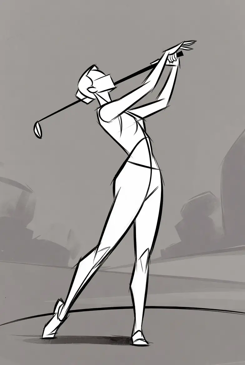 Sketch of a golfer holding a tall, balanced single-leg finish position