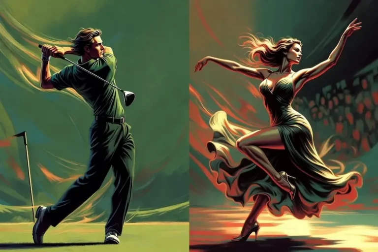 Side-by-side illustration of a golfer's swing and a dancer's rotational movement