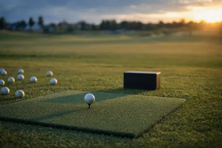 Driving range hitting mat with a ball on a tee and a small black launch monitor on the grass behind it at dusk