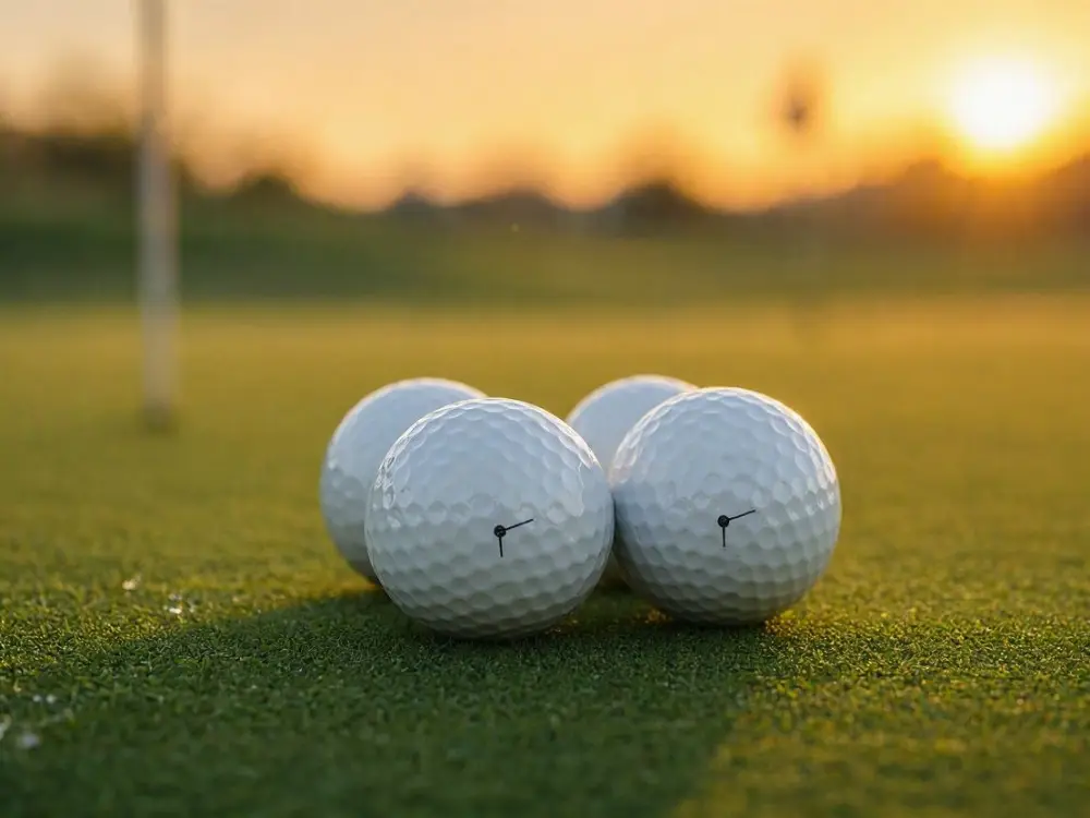 Three white golf balls with personalization marks on a putting green at golden hour