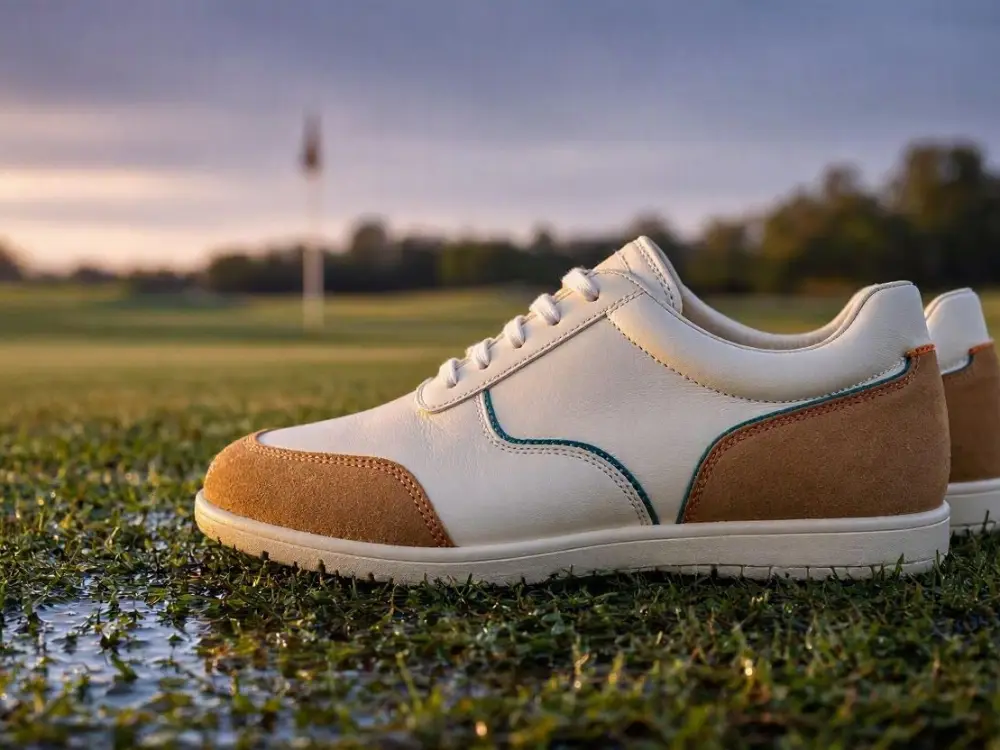 Pair of white and tan spikeless golf shoes with accent stitching on wet fairway grass