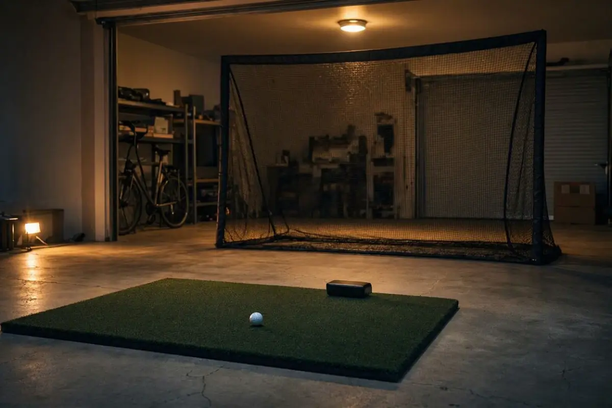 Golf hitting mat and practice net set up in a home garage at night with a small black launch monitor on the mat