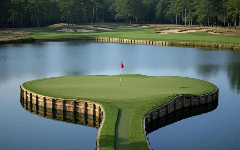 Island green surrounded by water, with a wooden bulkhead and walkway.