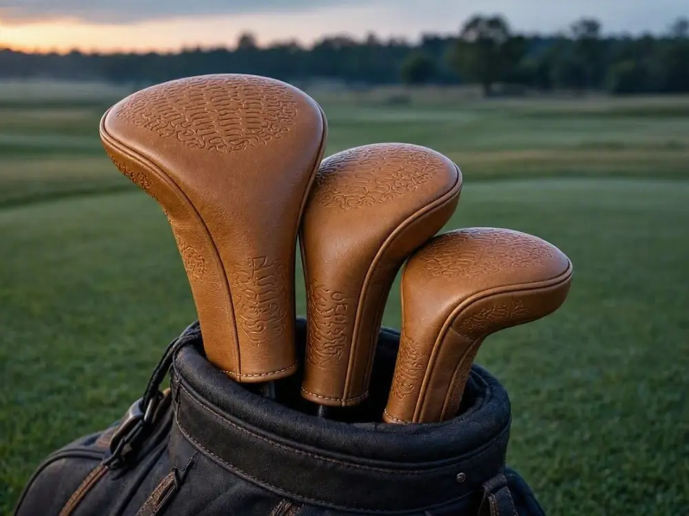 Three tan leather golf headcovers with embossed detailing on top of a golf bag