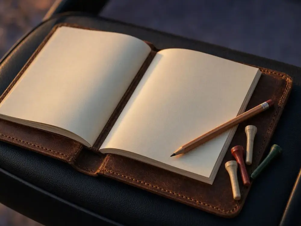Open brown leather scorecard and yardage book holder with a pencil and tees on a cart seat