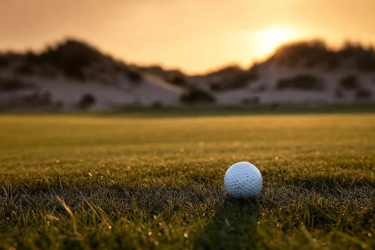 Golf ball at rest on a mown fairway with sand dunes behind at sunrise.