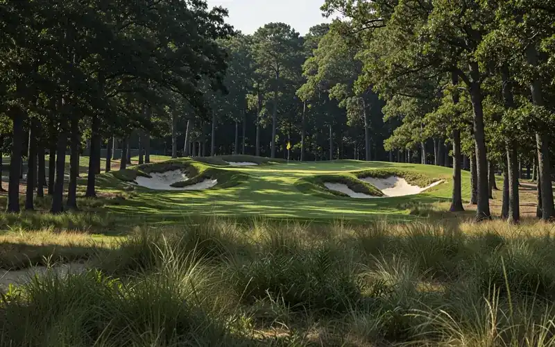 Tree-lined golf hole with bunkers and thick rough in the foreground.
