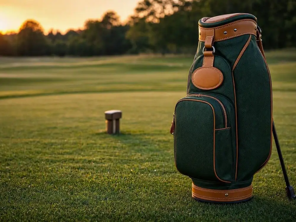 Dark green golf bag with tan leather trim and a blank leather nameplate on a fairway