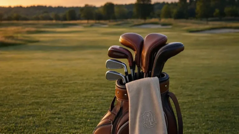 Golf bag with leather headcovers and a monogrammed towel on a fairway at golden hour