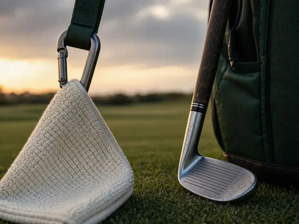 Cream microfiber golf towel clipped to a golf bag beside a wedge