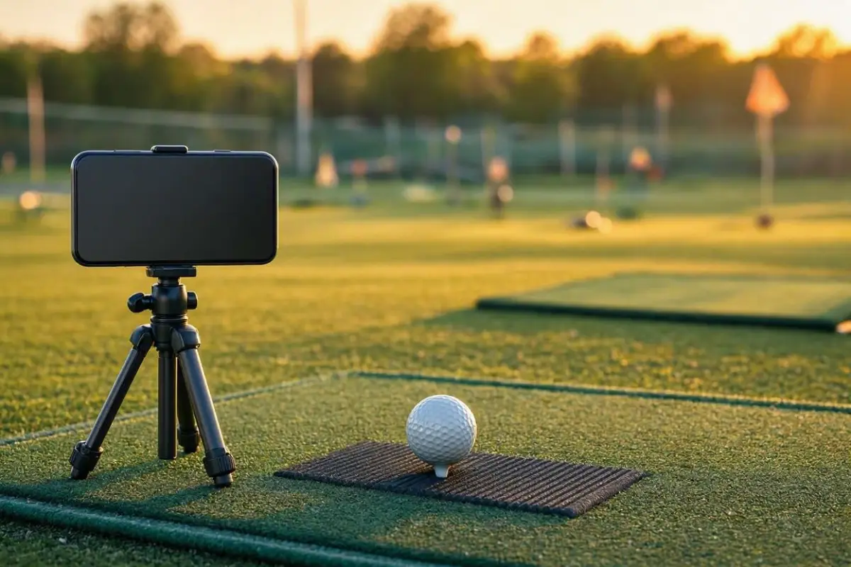Smartphone mounted on a small tripod beside a driving range hitting mat with a golf ball on a tee at sunset