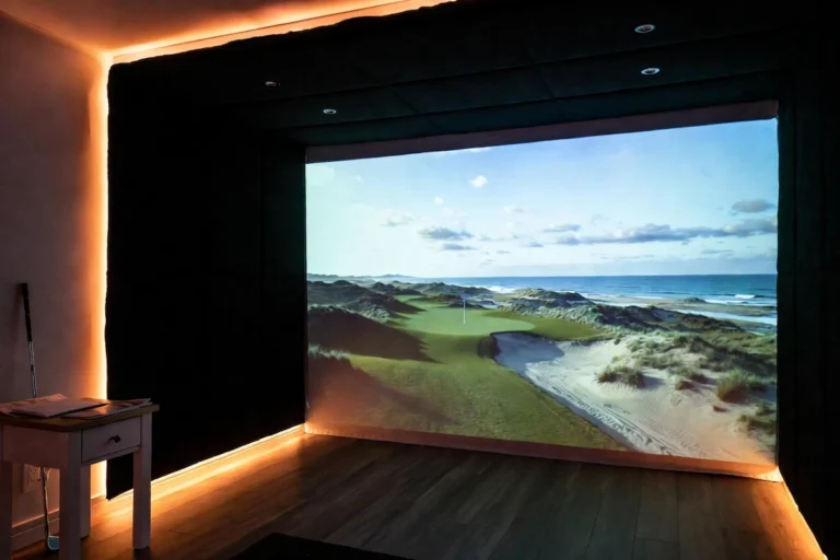 Home golf simulator room with a coastal links hole shown on the impact screen.