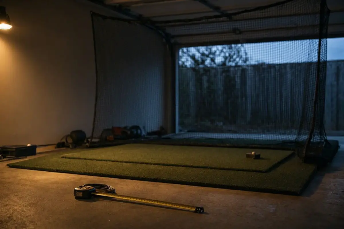 Dimly lit home garage set up as a golf practice bay, with a hitting net, turf mat and a steel tape measure lying on the concrete floor