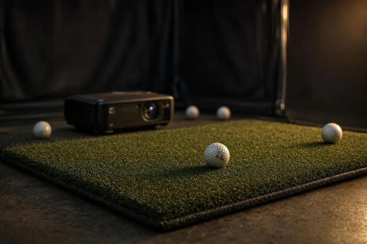 Golf hitting mat and projector inside a dark simulator bay with a fairway on the impact screen