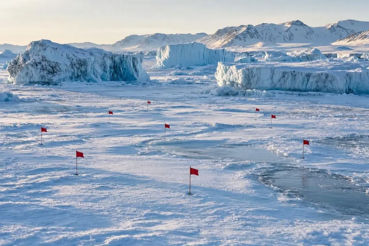 Nine-hole course marked out on a frozen Arctic fjord surrounded by icebergs under pale winter light