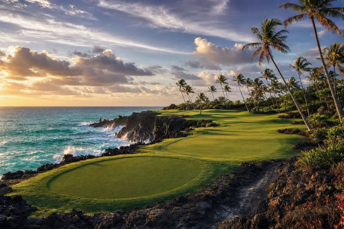 Coastal golf course on black volcanic rock in Hawaii at golden hour with palm trees and the Pacific behind