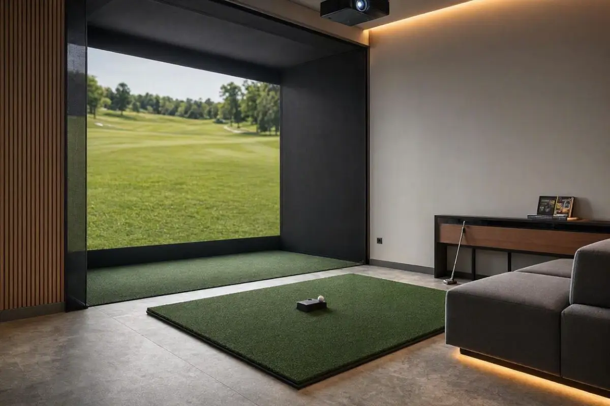 Home golf simulator bay with a projector screen showing a fairway, lit by warm accent lighting at night