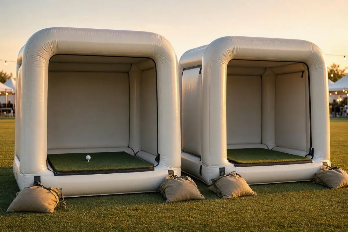 Two portable inflatable golf hitting bays side by side on grass at an outdoor event, anchored with sandbags