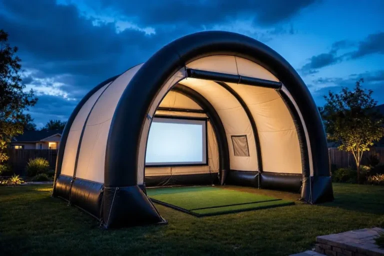 Inflatable golf simulator enclosure set up on a backyard lawn at dusk with a lit projection screen and turf hitting mat inside