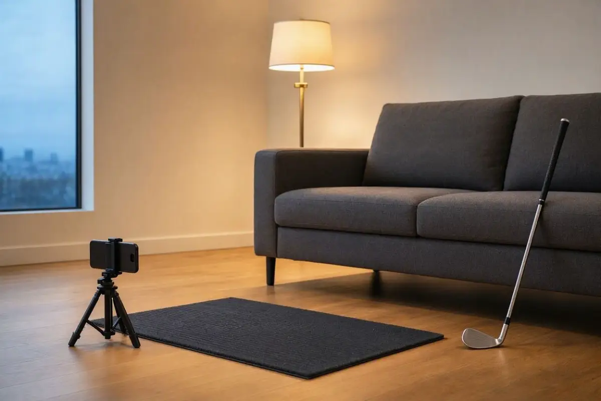 Living room set up for no-ball golf practice with a dark mat on the floor and a phone mounted on a low tripod