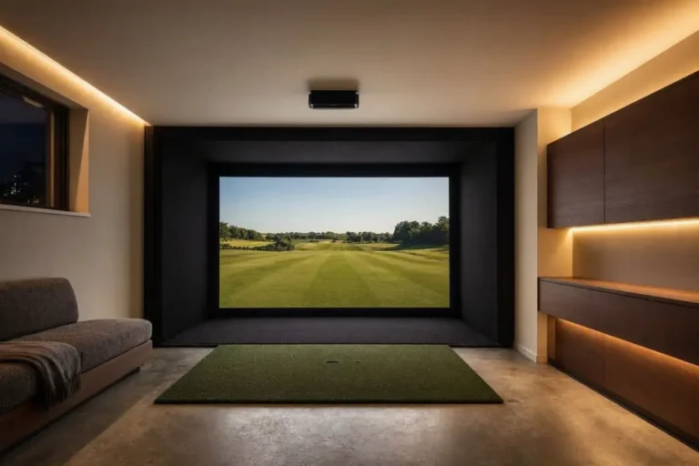 Dark home golf simulator room with a ceiling-mounted sensor unit above the hitting mat and a fairway on the impact screen