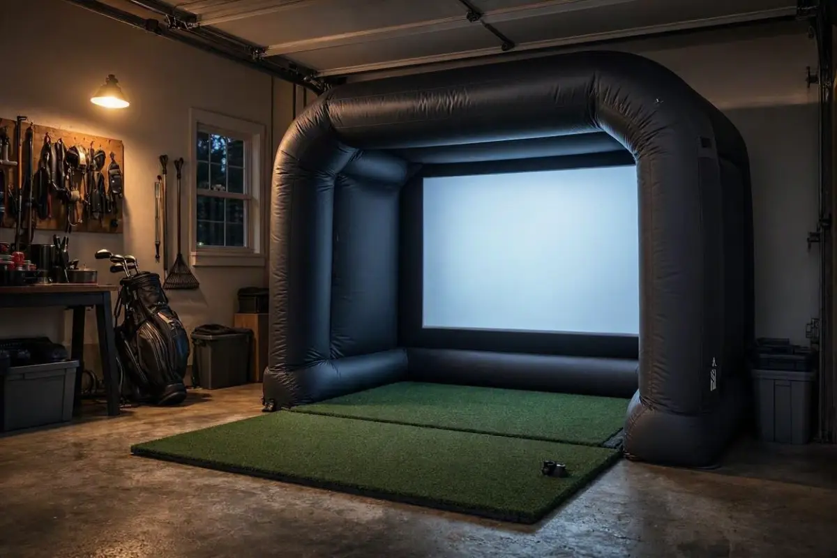 Portable inflatable golf hitting bay set up inside a home garage at night with a turf mat on the concrete floor