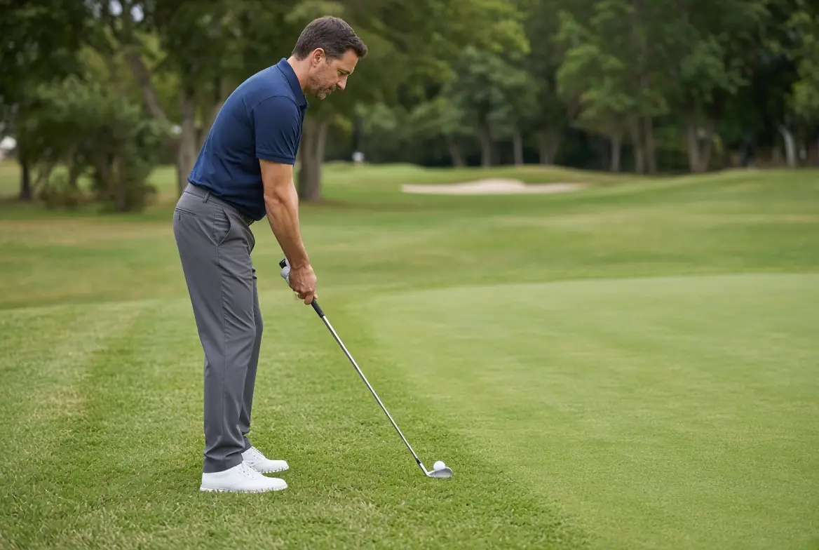 Golfer in a narrow stance addressing a chip shot from the fringe with a wedge, weight favoring the lead side