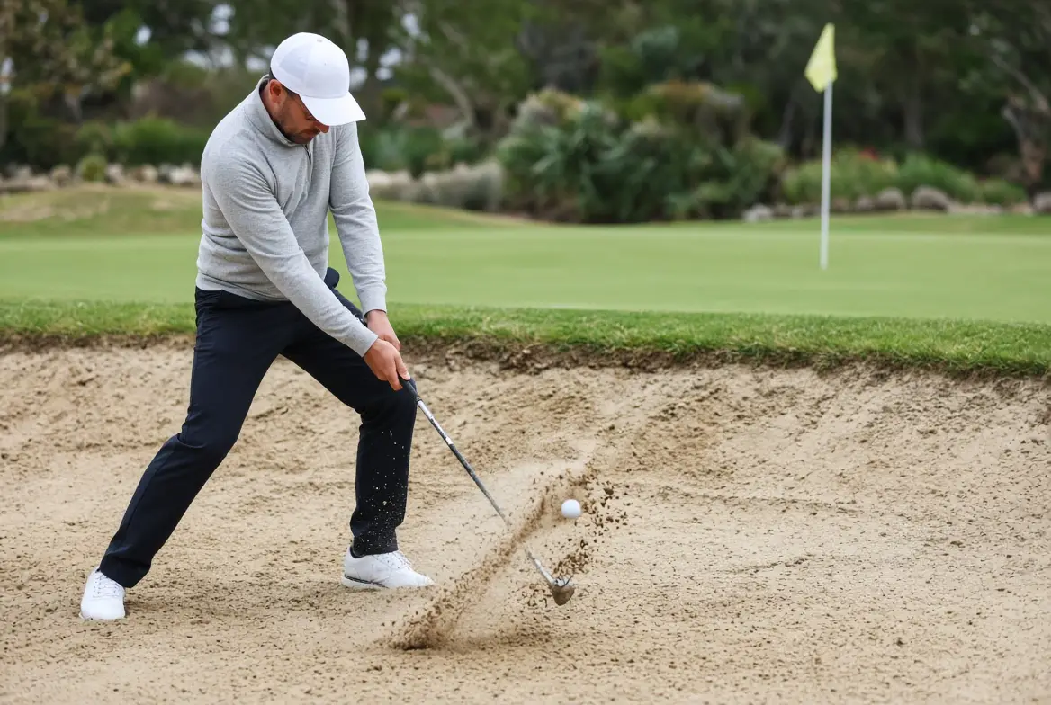 Golfer splashing a greenside bunker shot, sand spraying as the ball lifts toward the green