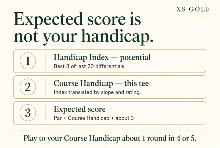 Three-step graphic: Handicap Index measures potential, Course Handicap applies it to one set of tees, and expected score is par plus Course Handicap plus about three
