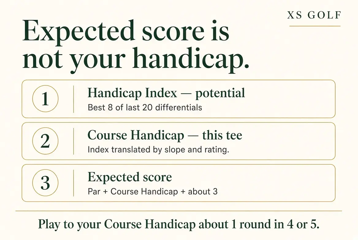 Three-step graphic: Handicap Index measures potential, Course Handicap applies it to one set of tees, and expected score is par plus Course Handicap plus about three