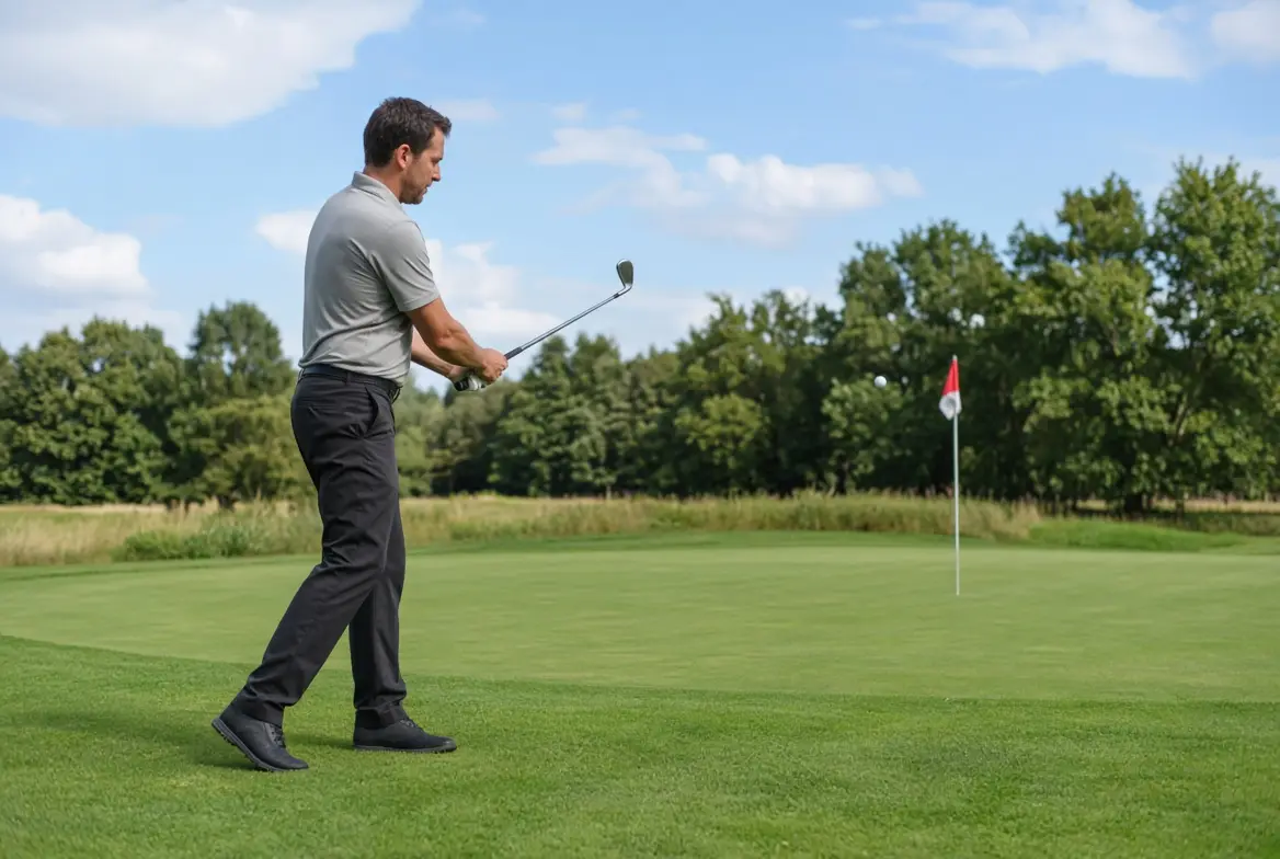 Golfer holding a short wedge finish as a pitch shot flies toward a flagstick on the green
