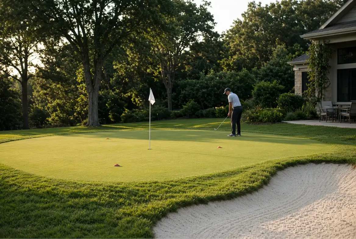 Backyard short game practice green with a flagstick, orange landing markers and a greenside bunker, a golfer chipping from the fringe at dusk