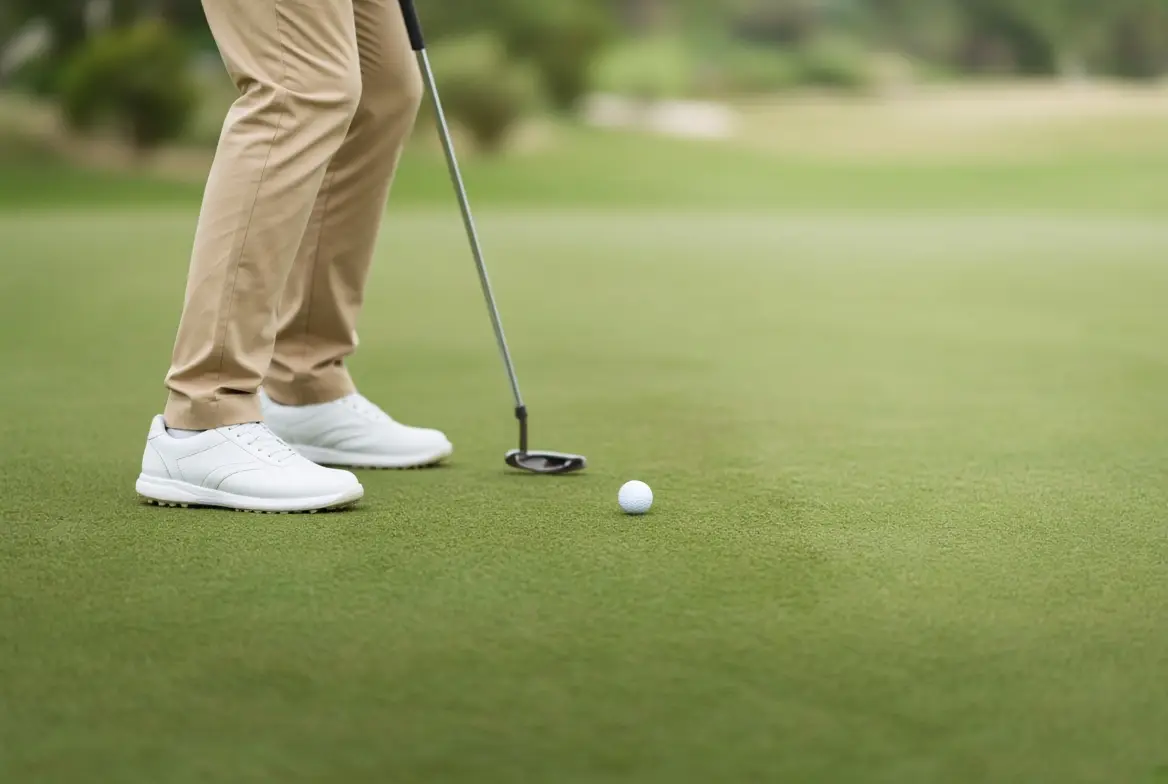 Close-up of a golfer's feet and putter with the ball a few inches away on a putting green